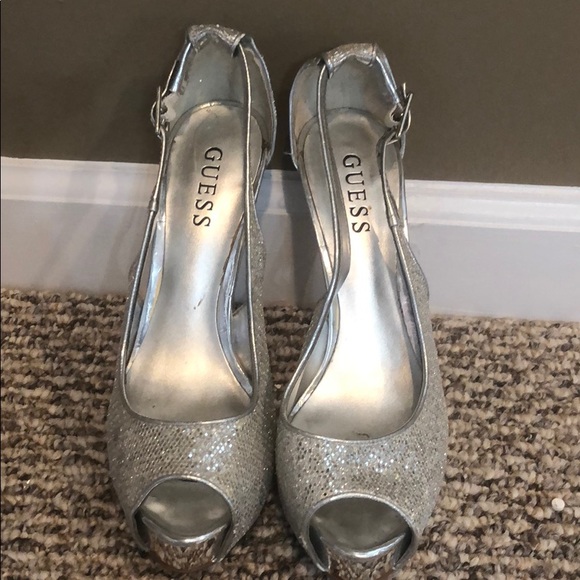 guess shoes silver heels